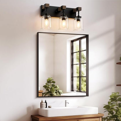 Farmhouse Bathroom Light Fixtures, 3 Light Bathroom Vanity Light, Black Industrial Style with Clear Glass Shades, Wood Bathroom Lighting Fixtures Over Mirror for Bedroom, Living Room