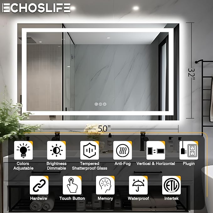 EchosLife 50"x32" LED Lit Bathroom Mirror | Backlit + Front Lit, Anti-Fog, Stepless Dimmable, 3 Colors, Memory, Tempered Glass, UL Listed, Horizontal/Vertical