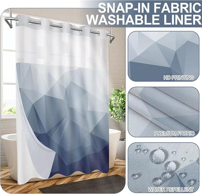 No Hook Shower Curtain with Snap in Liner Set, Blue, 71x74 | Waterproof Fabric for Bathroom, Modern Hotel Style Ombre Design, Mesh Top Window, Machine Washable, Quick Install