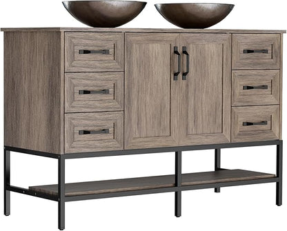 VNN 48 Inch Bathroom Vanity with Sink - Double Sink Bathroom Vanity, Freestanding Cabinet with Open Shelves and 6 Storage Drawers, Modern Iron Wood Cabinet with Countertop Tempered Glass Vessel, Grey