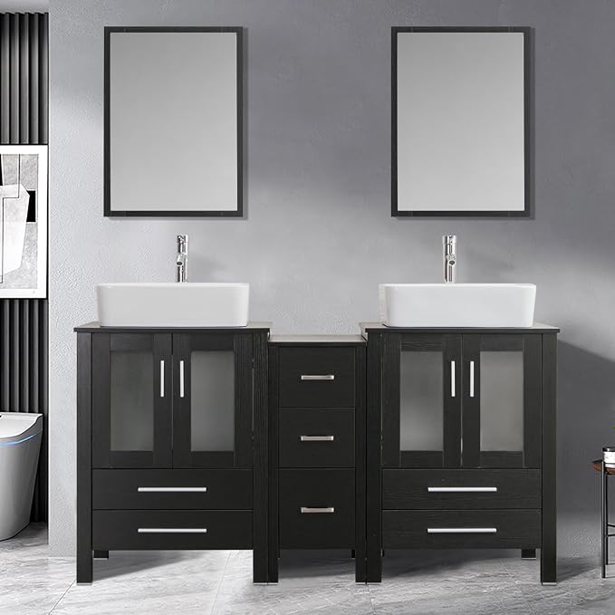 60" Double Vanity (2 * 24" Vanity,2* Porcelain Vessel Basin Sink,1 * 12" Side Cabinets),Double Bathroom Vanity Top with Porcelain White Sink, Faucet Drain Parts Include,Mirror Not Included