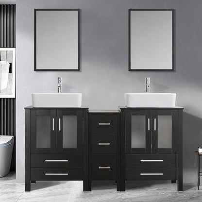 60" Double Vanity (2 * 24" Vanity,2* Porcelain Vessel Basin Sink,1 * 12" Side Cabinets),Double Bathroom Vanity Top with Porcelain White Sink, Faucet Drain Parts Include,Mirror Not Included