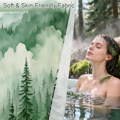 Litabel Green Misty Pine Forest Shower Curtain, Mountain Foggy Woodland Scenery Tree Shower Curtains for Chic Rustic Bathroom, Abstract Modern Waterproof Nature-Themed Decor, 72x72 Inches