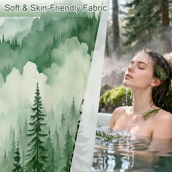 Litabel Green Long Misty Pine Forest Shower Curtain 72 x 78, Mountain Foggy Woodland Scenery Tree 78 Inch Long Shower Curtains for Bathroom, Abstract Waterproof Nature-Themed Decor