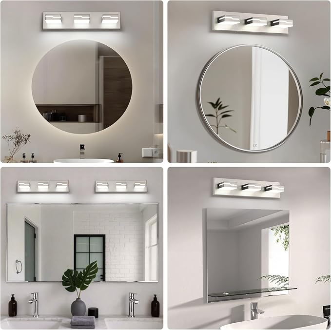 LED Modern Bathroom Vanity Light Fixtures 3-Light, 19 inch Dimmable Nickel Vanity Lights for Bathroom Lighting Fixtures Over Mirror, with 350°Rotatable Acrylic Heads(White Light 5500K)