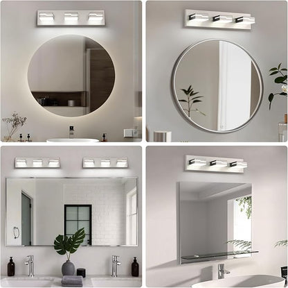 LED Modern Bathroom Vanity Light Fixtures 3-Light, 19 inch Dimmable Nickel Vanity Lights for Bathroom Lighting Fixtures Over Mirror, with 350°Rotatable Acrylic Heads(White Light 5500K)