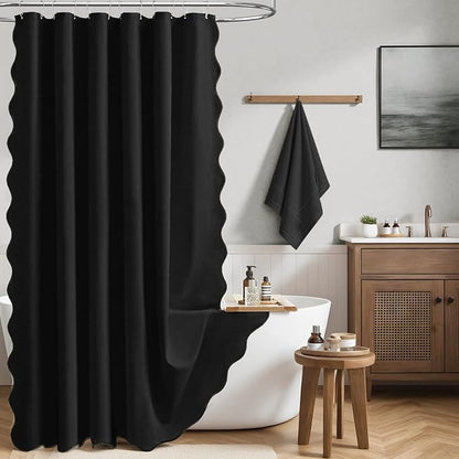 BTTN 48x72 Boho Scalloped Linen Textured Cloth Shower Curtain Set, Black | Stall Size, 230GSM Waterproof Polyester, Heavy Duty Fabric, 8 Plastic Hooks, Elegant Modern Farmhouse Style, Machine Washable