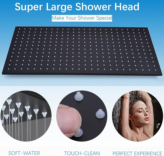 Matte Black Shower System 16 Inches Ceiling Mount Full Body Shower Faucet Set Brass Thermostatic Massage Shower with On/Off Body Jets and Handheld Can Run All At Once