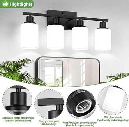 4-Light Bathroom Light Fixtures, Matte Black Vanity Lights with Milk Glass Shades, Modern Bathroom Wall Lamp for Mirror Living Room Bedroom Porch