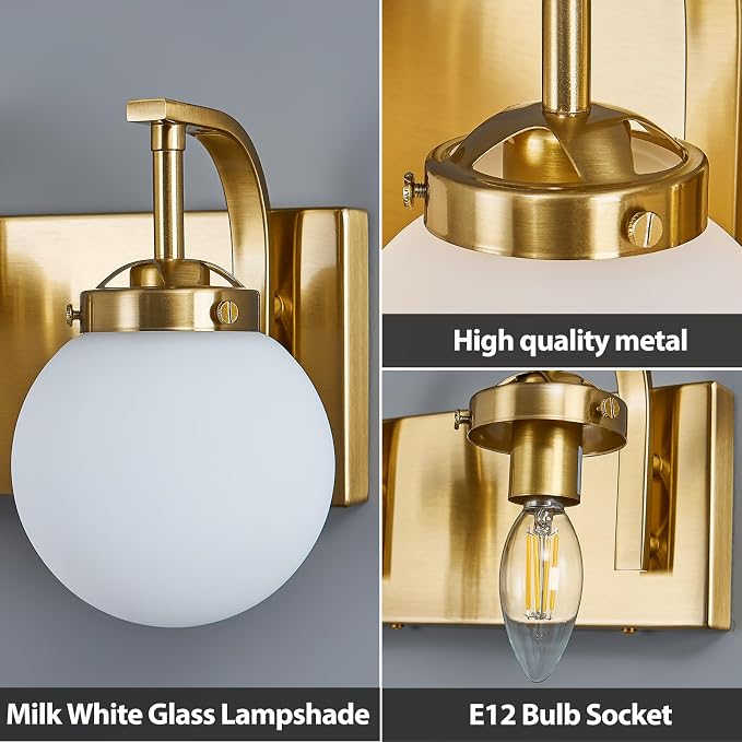 2 Lights Bathroom Vanity Light Fixtures Modern Gold Vanity Light with Milk White Glass Globe Shade Bathroom Lighting Over Mirror Wall Sconce for Bedroom Living Room Hallway