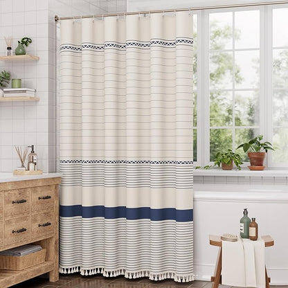 AmazerBath Boho Shower Curtain, Modern Farmhouse Shower Curtain Set with Tassels, Rustic Faux Linen Navy Blue Striped Shower Curtain with Hooks, Light Tan Toned, 72x72 Inches