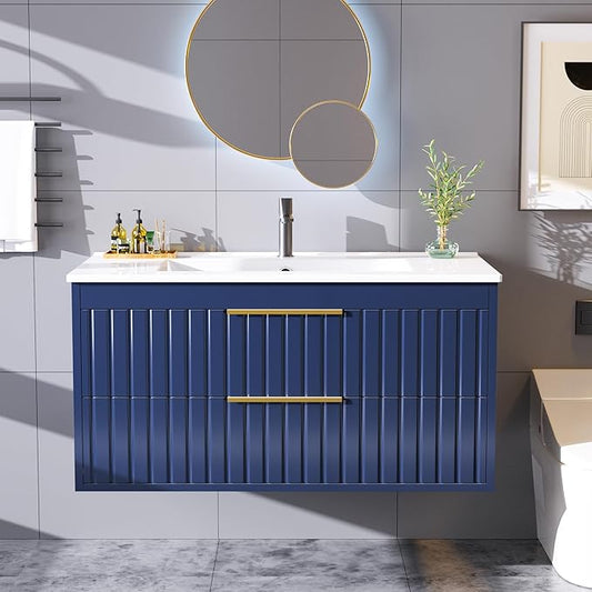 36" Bathroom Vanity with Sink, Floating Vanity Bathroom Sink Cabinet Wall Mount, Soft-Close Function 2 Large Drawers, Grooved Stripe Design, Hidden Damping Drawers, Blue