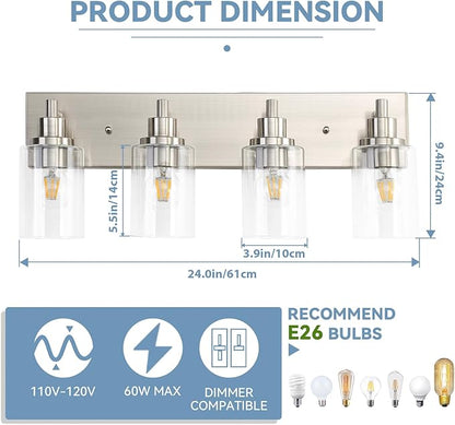 LOUSACE 4 Light Bathroom Vanity Light Brushed Nickel, Bathroom Lighting Fixtures with Clear Glass Shades Over Vanity Mirror, Modern Wall Sconces Fixtures for Bedroom Living Room, E26 Socket