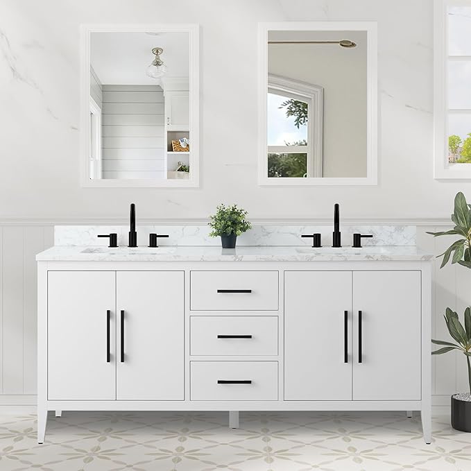 HomeBeyond 72 Inch Bathroom Vanity with Sink & Ceramic Top, Double Vanity Cabinet with Basin, Soft-Closing Doors & Matte Black Hardware, White