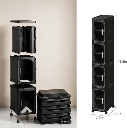 4-Tier Narrow Storage Cabinet Slim Bathroom Tall Skinny Organizer,Black | Foldable Storage Cabinet with Lockable Rolling Wheels Magnetic Clear Door Adjustable Detachable Shelves For Narrow Space