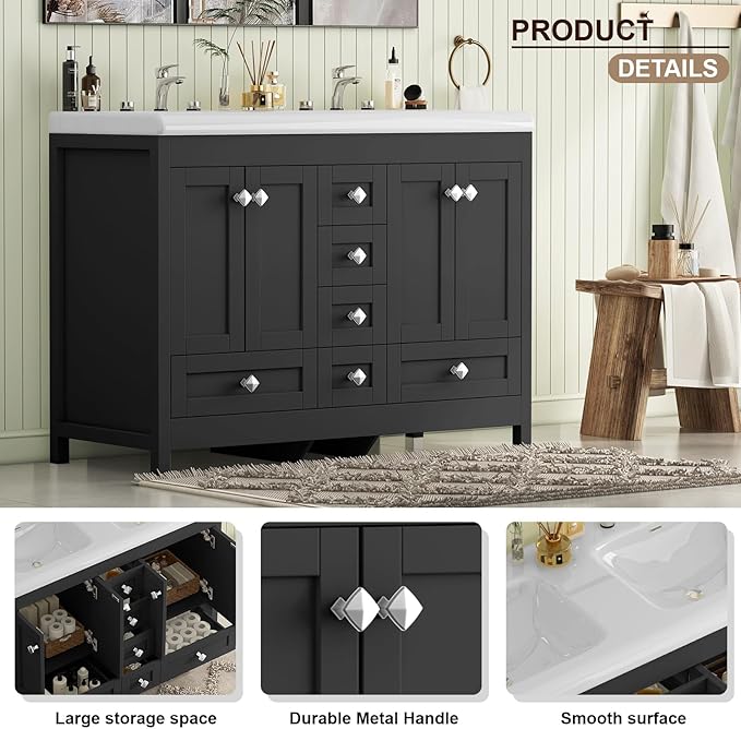 48" Bathroom Vanities with Sink Combo, Modern Double Bathroom Vanity with 4 Doors & 5 Drawers, Freestanding White Bathroom Cabinet with Double Ceramic Sink, Black