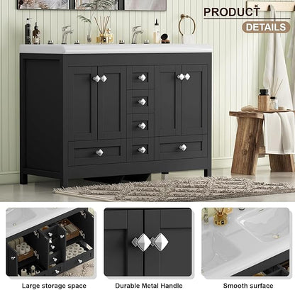 48" Bathroom Vanities with Sink Combo, Modern Double Bathroom Vanity with 4 Doors & 5 Drawers, Freestanding White Bathroom Cabinet with Double Ceramic Sink, Black