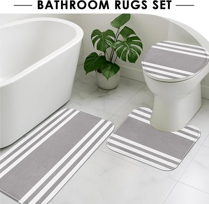 Bathroom Sets with Shower Curtain and Rugs, 4 Pcs, Modern | Minimalist Striped Grey Neutral Bathroom Decor Set with Toilet Lid Cover, Non-Slip Bath Mats and Accessories 12 Hooks