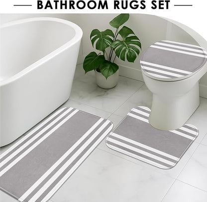 Bathroom Sets with Shower Curtain and Rugs, 4 Pcs, Modern | Minimalist Striped Grey Neutral Bathroom Decor Set with Toilet Lid Cover, Non-Slip Bath Mats and Accessories 12 Hooks