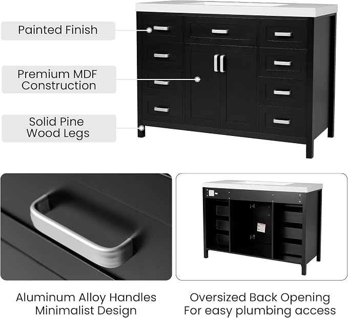 47" Bathroom Vanity Base Only, Cabinet with Soft-Closing Drawers and Doors, Simple & Modern Style, Solid Wood Frame, Black