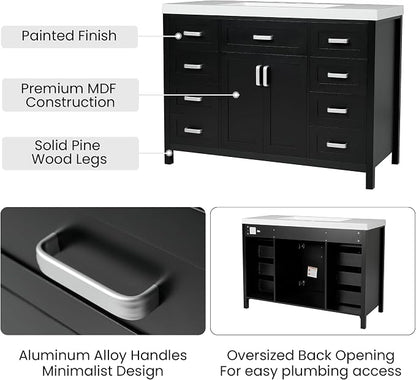 47" Bathroom Vanity Base Only, Cabinet with Soft-Closing Drawers and Doors, Simple & Modern Style, Solid Wood Frame, Black
