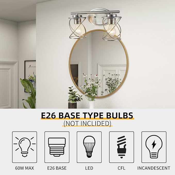 2-Lights Bathroom Vanity Lights, Bathroom Light Fixtures Over Mirror, Brushed Nickel Vanity Light, Farmhouse Wall Lights with Clear Glass Shade, Bathroom Wall Lamp for Mirror Kitchen Bedroom