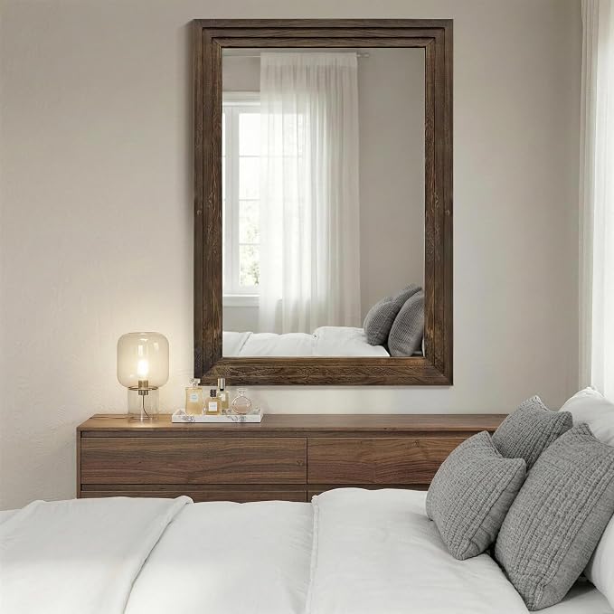 Farmhouse Rustic Wood Framed Bathroom Vanity Mirror for Wall, 26x38, Brown | Recessed Stepped Solid Wood Frame, HD Shatterproof Glass, Vertical/Horizontal Mount, for Bathroom Sink, Living Room, Entryway