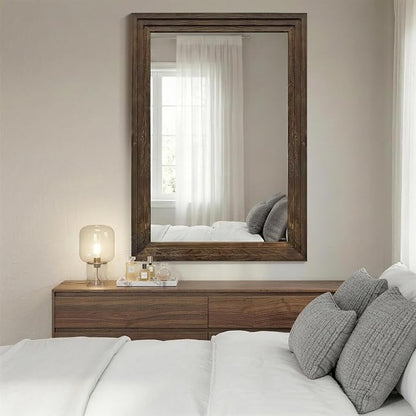 Farmhouse Rustic Wood Framed Bathroom Vanity Mirror for Wall, 26x38, Brown | Recessed Stepped Solid Wood Frame, HD Shatterproof Glass, Vertical/Horizontal Mount, for Bathroom Sink, Living Room, Entryway