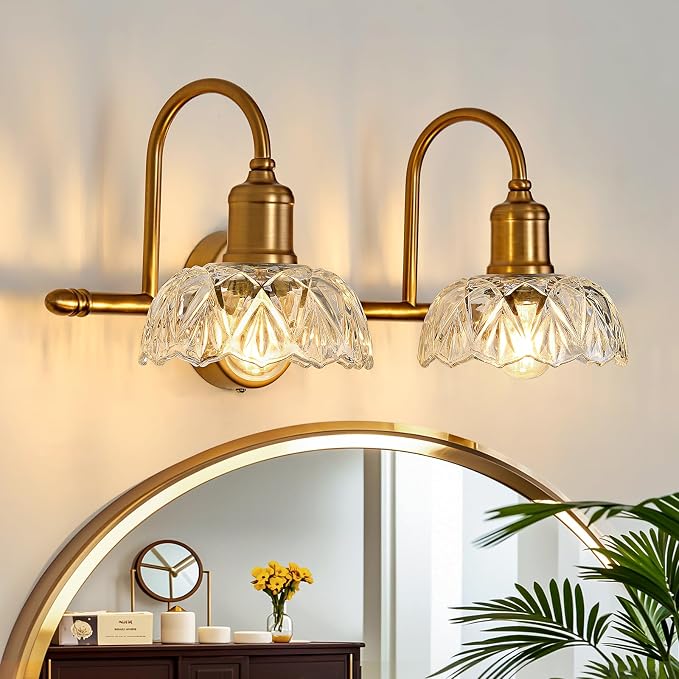 UOFUS Vintage Bathroom Light Fixtures Gold Bathroom Vanity Light Matte Antique Brass 2-Light Wall Sconces Lighting for Bedroom Living Room Hallway