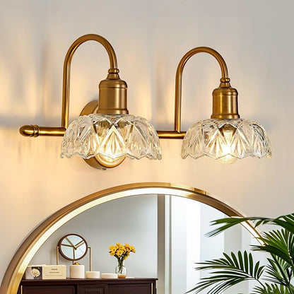 UOFUS Vintage Bathroom Light Fixtures Gold Bathroom Vanity Light Matte Antique Brass 2-Light Wall Sconces Lighting for Bedroom Living Room Hallway