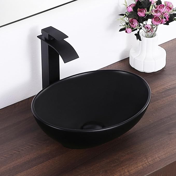 Oval Vessel Sink 16" x 13" Countertop Bathroom Sinks Modern Egg Shape Above Counter Matte Black Ceramic Small Sink Vessel Sinks for Bathrooms