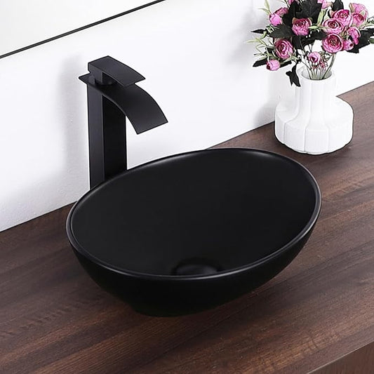 Oval Vessel Sink 16" x 13" Countertop Bathroom Sinks Modern Egg Shape Above Counter Matte Black Ceramic Small Sink Vessel Sinks for Bathrooms