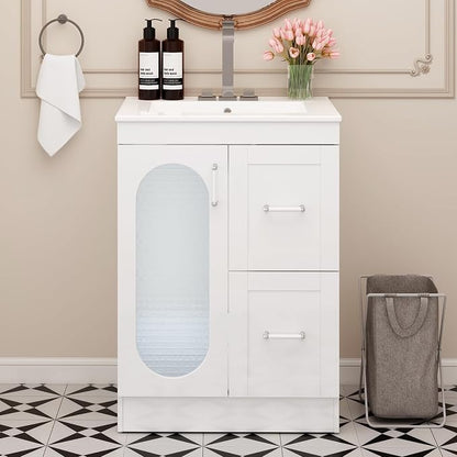 Sweetcrispy 24 Inch Bathroom Vanity with Sink, Bathroom Storage Cabinet | Modern Ceramic Basin Undermount 1-Door 2-Drawer Freestanding Combo Set, Ivory