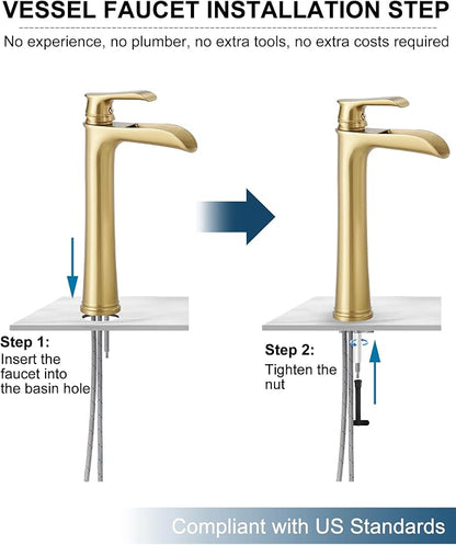 Vessel Sink Faucet, Tall Brass Waterfall Bathroom Faucet 1 Handle Gold Faucets for Bathroom Vanity 1 Hole with Pop-Up Drain & Supply Hoses