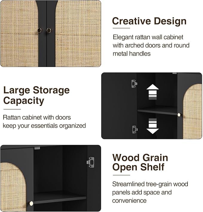 Rattan Bathroom Wall Cabinet, Boho Medicine Wall Cabinet with Double Doors and Adjustable Shelves, Tall Kitchen Wall Mounted Storage Cabinet, Floating Space Saver Over Toilet, Black