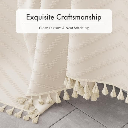AmazerBath Boho Farmhouse Shower Curtain with Tassels, Beige Shower Curtain Set Fabric, Soft Cloth Chevron Rustic Shower Curtain with Hooks, Hotel Quality, 72x72 Inches
