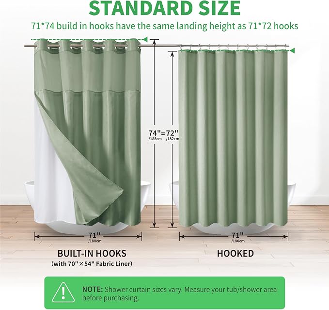 eachope No Hook Boho Arch Shower Curtain with Snap-in Liner Set,71x74,Green | 230GSM Thick Fabric,Easy to Install,Sheer Window,Magnetic Weighted Hem,Waterproof & Machine Washable,for Bathroom,Hotel