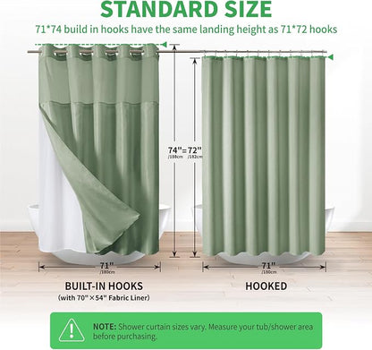 eachope No Hook Boho Arch Shower Curtain with Snap-in Liner Set,71x74,Green | 230GSM Thick Fabric,Easy to Install,Sheer Window,Magnetic Weighted Hem,Waterproof & Machine Washable,for Bathroom,Hotel