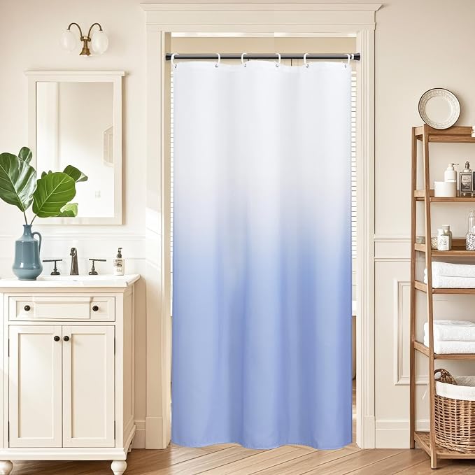 AooHome Fabric Narrow Shower Curtains, Cloth Ombre Blue Shower Curtain Sets, Washable Fabric Blue and White Shower Curtain, Rustic Farmhouse Bathroom Shower Curtains, 36x72 Inches
