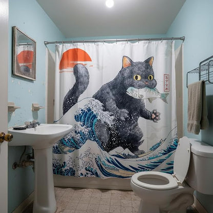 Accnicc Funny Black Cat Shower Curtain for Bathroom 72 X 72 Inch | Fun Cool Cat Monster Shower Curtains, Japanese Ocean Wave Kids Bath Curtain Decor, Water-Resistant Washable Polyester Fabric