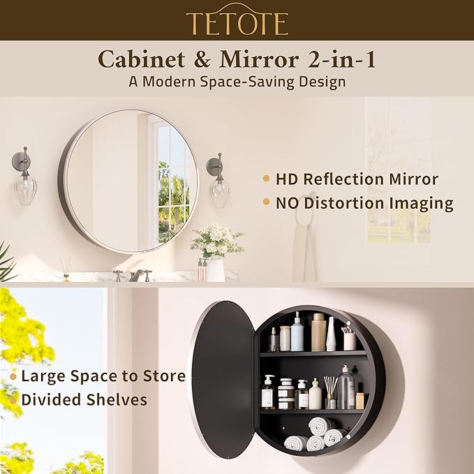 TETOTE 20 x 20 Inch Medicine Cabinet Mirror Matte Silver Gray Framed Round Mirrored Medicine Cabinets for Bathroom Adjustable Shelves Modern Bathroom Mirror with Storage Wall Mounted