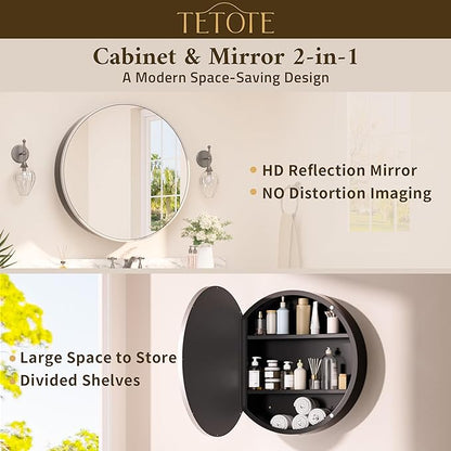 TETOTE Bathroom Mirror Cabinet 28 x 28 Matte Silver Gray Round Bathroom Medicine Cabinet with Mirror Adjustable Shelves Farmhouse Wall Mirror with Storage Surface Mounted