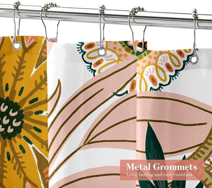 Boho Floral Shower Curtain, White & Pink Botanical Curtain, 36 x 72 | Boho Chic Floral, Vintage Botanical, Modern Farmhouse, Eclectic Rustic, Colorful Flowers, Fabric Shower Curtain