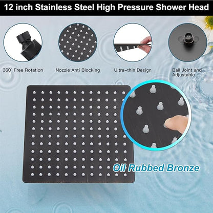 Midanya Shower Faucet Set,Wall Mount Shower System with Square Rain Shower Head and Hand Sprayer, Rough-in Valve Body and Trim Kit Included,12 Inch,Oil Rubbed Bronze