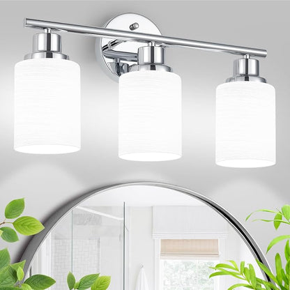 3-Light Chrome Vanity Lights for Mirror, Bathroom Light Fixtures with Textured Milky White Glass Shade, Modern Kitchen Light Fixtures Wall Sconce Light