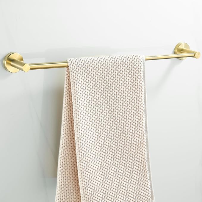 4 Pieces Brushed Gold Bathroom Hardware, Accessories Set Includes 15 to 24 Inch Adjustable Towel Bar Double Post Toilet Paper Holder Towel Ring Robe Hook Wall Mount Hand Towel Holder