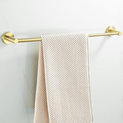 4 Pieces Brushed Gold Bathroom Hardware, Accessories Set Includes 15 to 24 Inch Adjustable Towel Bar Double Post Toilet Paper Holder Towel Ring Robe Hook Wall Mount Hand Towel Holder