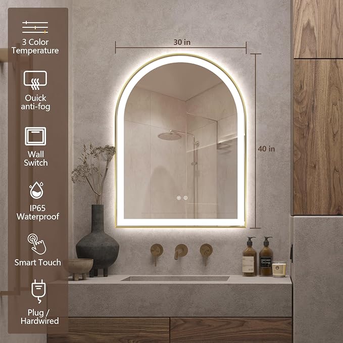 Arched LED Bathroom Mirror, 40"x30" Arch Backlit Vanity Mirror with Lights, Frontlit, Dimmable, 3 Colors, Memory Function, Anti-Fog Smart Mirror, Shiny Gold Frame, Shatterproof, UL Listed
