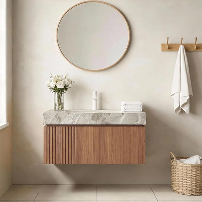 Ambrovina 30" Floating Bathroom Vanity with Sink, Modern Plywood Bathroom Storage Cabinet with Drawer and Door, Light Gray Sintered Stone Countertop and White Ceramic Basin, Pre-Assembled, Dark Oak