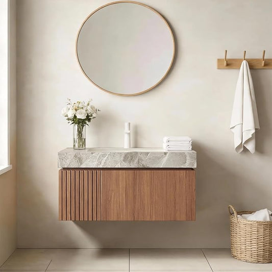 Ambrovina 30" Floating Bathroom Vanity with Sink, Modern Plywood Bathroom Storage Cabinet with Drawer and Door, Light Gray Sintered Stone Countertop and White Ceramic Basin, Pre-Assembled, Dark Oak